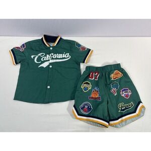 SHEIN Young Boy Baseball Collar Shirt & Shorts In Green Size 4Y